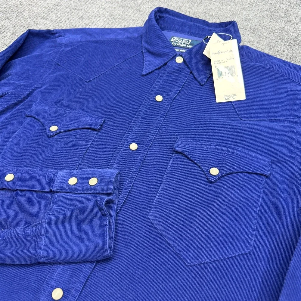 NWT Vtg Polo Ralph Lauren Classic Western Corduroy Shirt Mens M Blue Pearl Snap